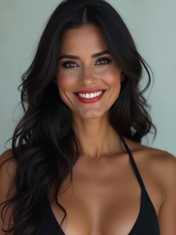 A stunning woman with long black hair. Smooth skin and no wrinkles. Sophisticated makeup with dark eyes and red lipstick. Tall curvy figure in a minimalist black bikini. Sweet and confident smile. Blurred background highlights her face.