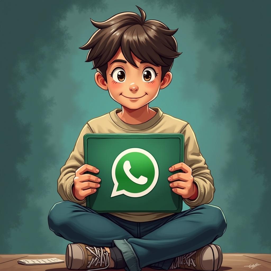 A boy sitting cross-legged with a tablet showing the WhatsApp logo. The background is softly lit, creating a calm setting.