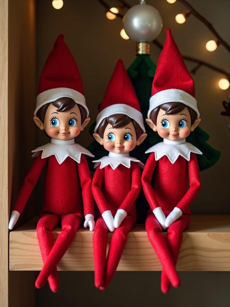 Three elf dolls are sitting on an oak shelf in a cozy room. The elves are dressed in red outfits with white collars and hats. They are positioned closely together. Soft lights can be seen in the background. Their faces are blurred for privacy.