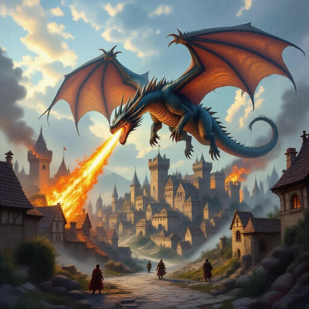Photo of a medieval town. A large fire breathing dragon is flying above the town ruins.