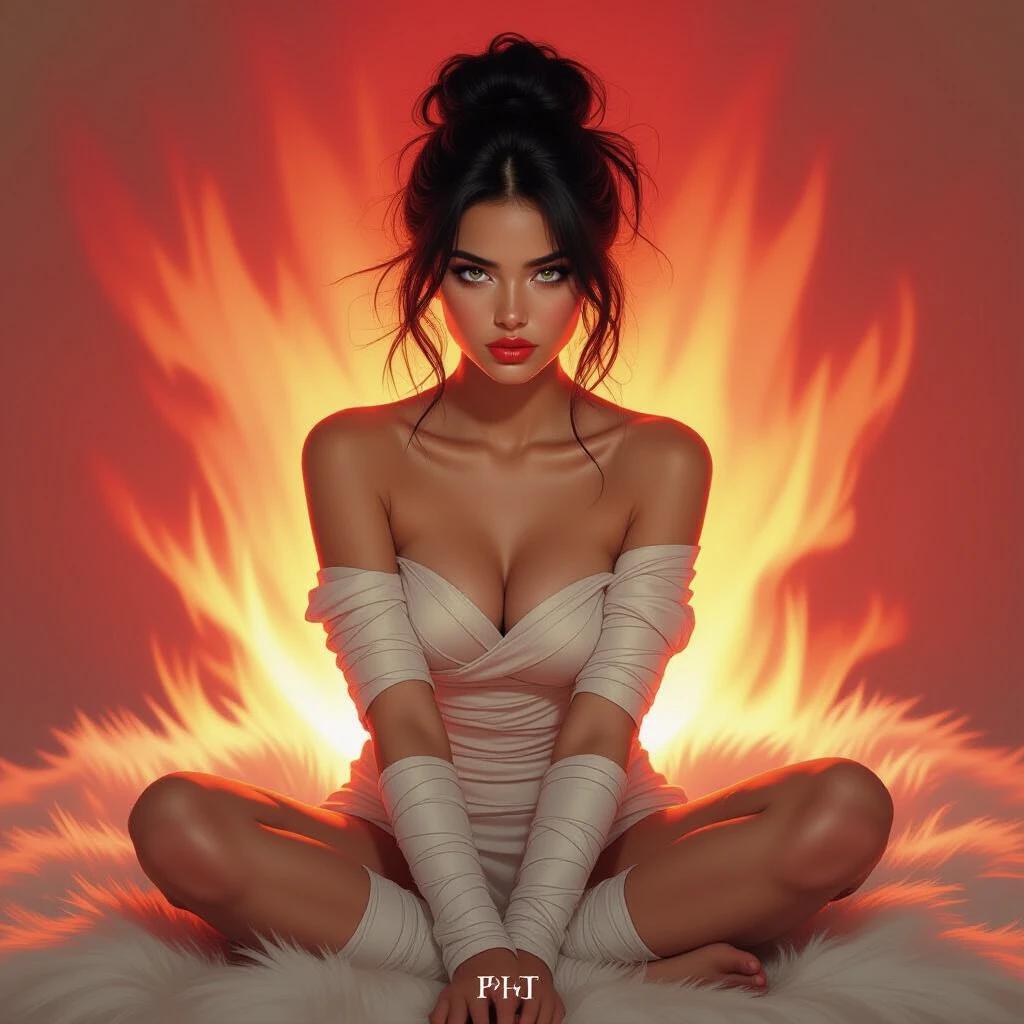 Striking portrayal of a young woman in fabric wrappings. Large expressive eyes captivate. Slightly parted lips show contemplation. Tousled hair frames her face. Fiery red and orange background creates allure. Soft fur beneath enhances depth.
