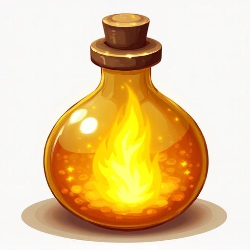 Icon of a golden potion with a yellow flame inside. Designed for a card game. Created in the style of World of Warcraft. Size 48 x 48 pixels with a transparent background.