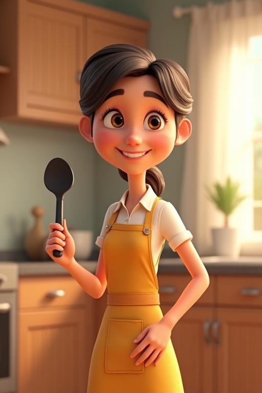 Friendly cartoon-style 3D mom character in a bright kitchen wearing an apron. Smiling while holding a spatula in her right hand. Pixar or DreamWorks-style animation with warm lighting. Cozy domestic kitchen background.