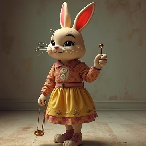 A cartoon bunny figure wearing a colorful dress. The character holds a small bell in one hand and stands on a wooden floor. The background is softly lit and consists of an indoor setting.