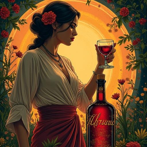 Stylized advertisement of a 1920s speakeasy. Radiant goddess figure toasting with a herbal liqueur. Surrounded by wildflowers and herbs. Lower apothecary-style spirit bottle with tag 'ALFRUNO'. Serene ambiance with lush greenery. Mood evokes pleasure and seduction.