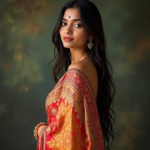 Full-body portrait of a South Asian woman in a traditional silk saree. Saree features intricate patterns and vibrant colors. Woman has wet hair, glowing skin, small black bindi, nose ring, and pearl earrings. She stands in a calm pose with an elegant expression. Studio lighting highlights features against a blurred background.