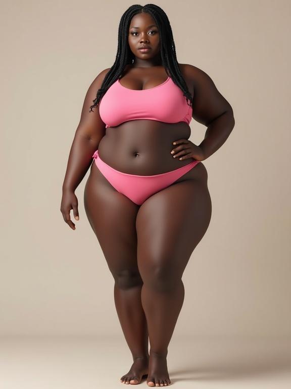 A confident black woman with dark skin and pigtails stands full body. She wears a minimal pink bikini emphasizing thick and curvy features. The photo is photorealistic with a neutral background highlighting her outfit and shape.