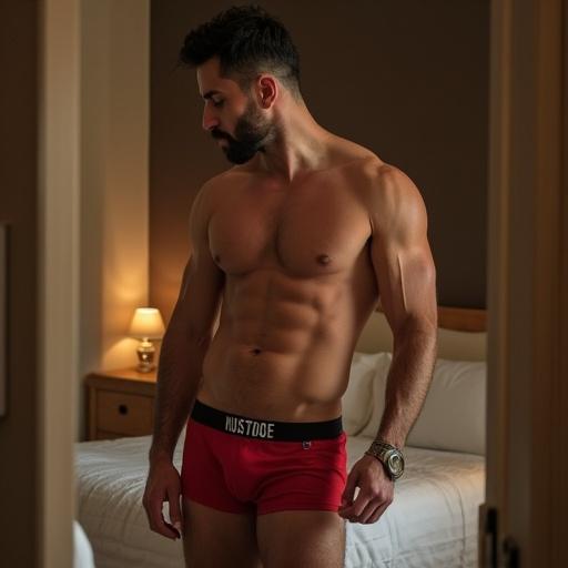 Athletic man in boxer shorts lying on hotel mattress. Gesture beckoning viewer to join in bed. Handsome and fit physique.