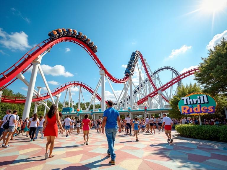 Photo captures a theme park on a bright sunny day. Vibrant roller coaster features red and blue tracks with white supports. People walk around, enjoying the atmosphere. A woman in a red dress is seen to the left. In the center, a man in a blue shirt and jeans walks, while children play in the background. "Thrill Rides" sign stands out to the right. The ground has a geometric pattern with vivid colors. Green plants and trees are in the background. Overall scene conveys a sense of fun and energy suited for summer activities.