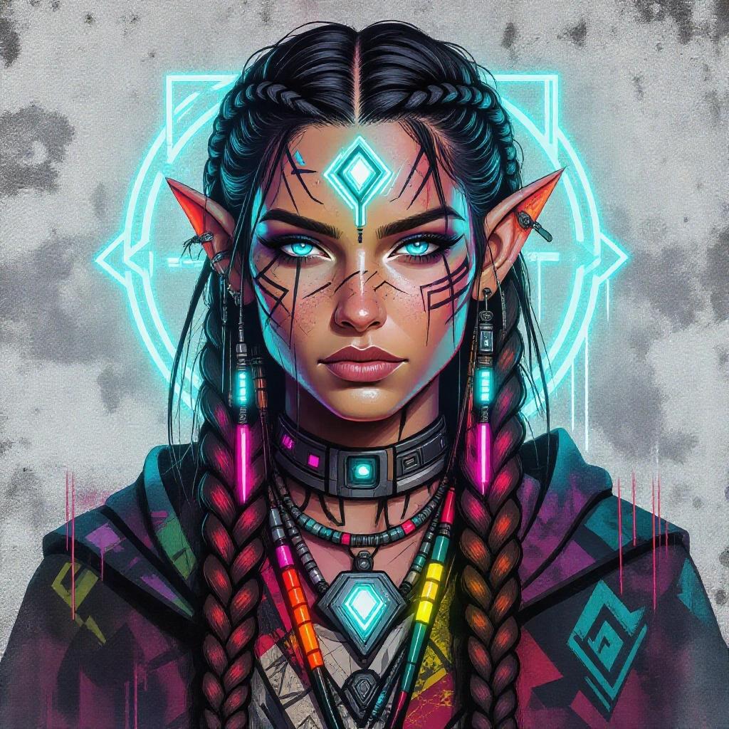 Graffiti portrait of a female elf shaman with neon features. Long braided hair adorned with beads. Confident expression with glowing cybernetic eyes. Tribal tattoos on face and neck. Stylized cloak featuring geometric designs. Background of a concrete wall with mist and neon glows.