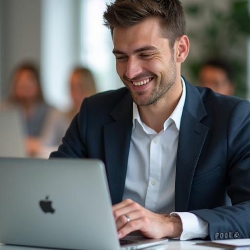 A young group of business people working with Apple devices in a modern office space. They are engaged in discussions around a MacBook. The atmosphere is professional and positive. The people are from southern-eastern Europe and are clearly focused on their tasks.
