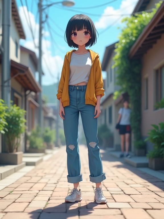Anime style girl with short black hair in casual clothes standing in an outdoor street setting. Character wears a yellow hoodie and blue jeans. Bright sunny day with a detailed background of houses and trees. Cinematic lighting creates an engaging atmosphere. Shot has high detail and clarity.
