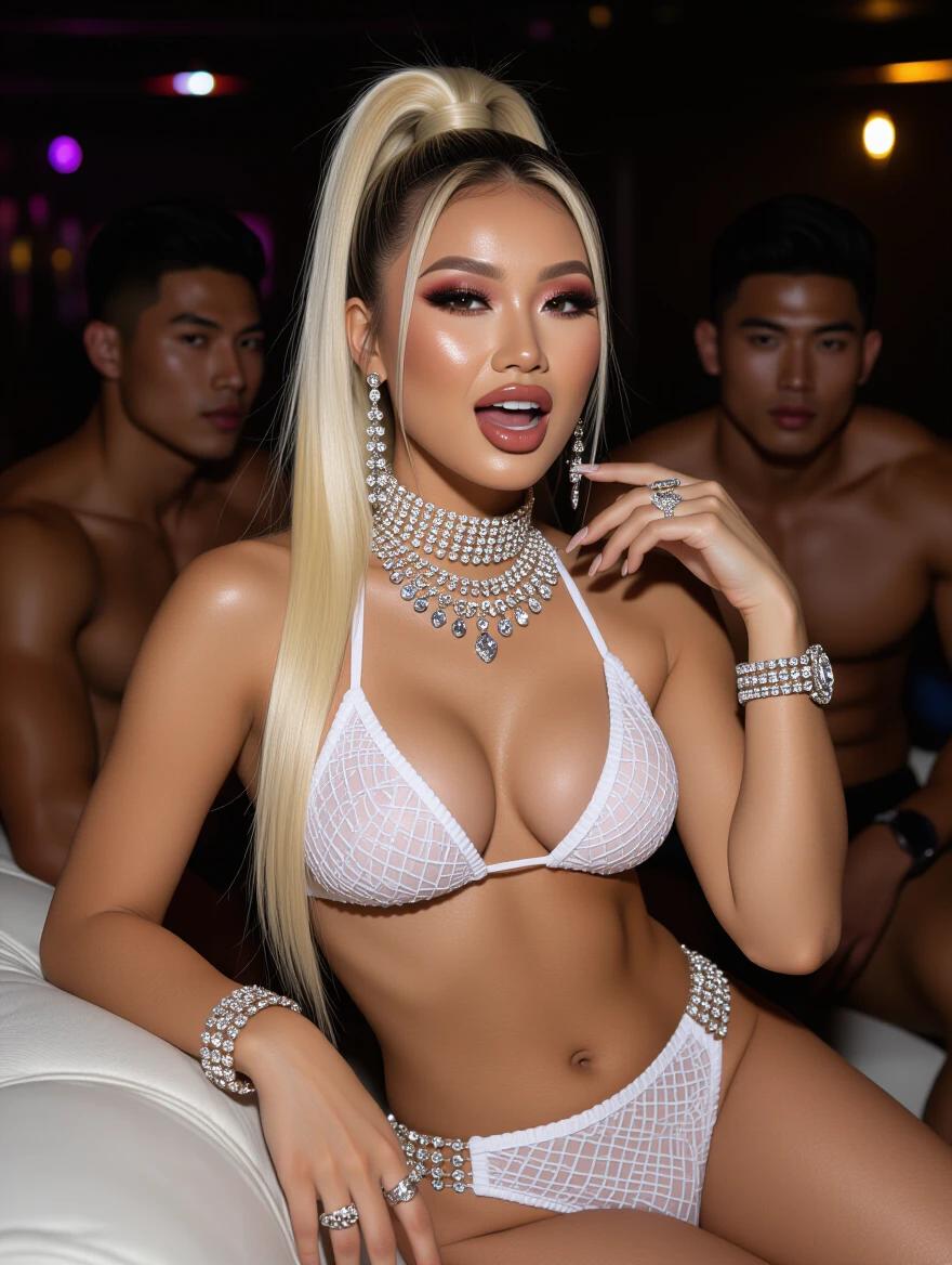 Hot asian model poses in edgy wedding bikini. Model has high blonde ponytail. Model wears heavy crystal jewelry. Bright makeup enhances model's features. Model looks excited and relaxed on a sofa. Friends nearby create a lively atmosphere in a nightclub lounge.