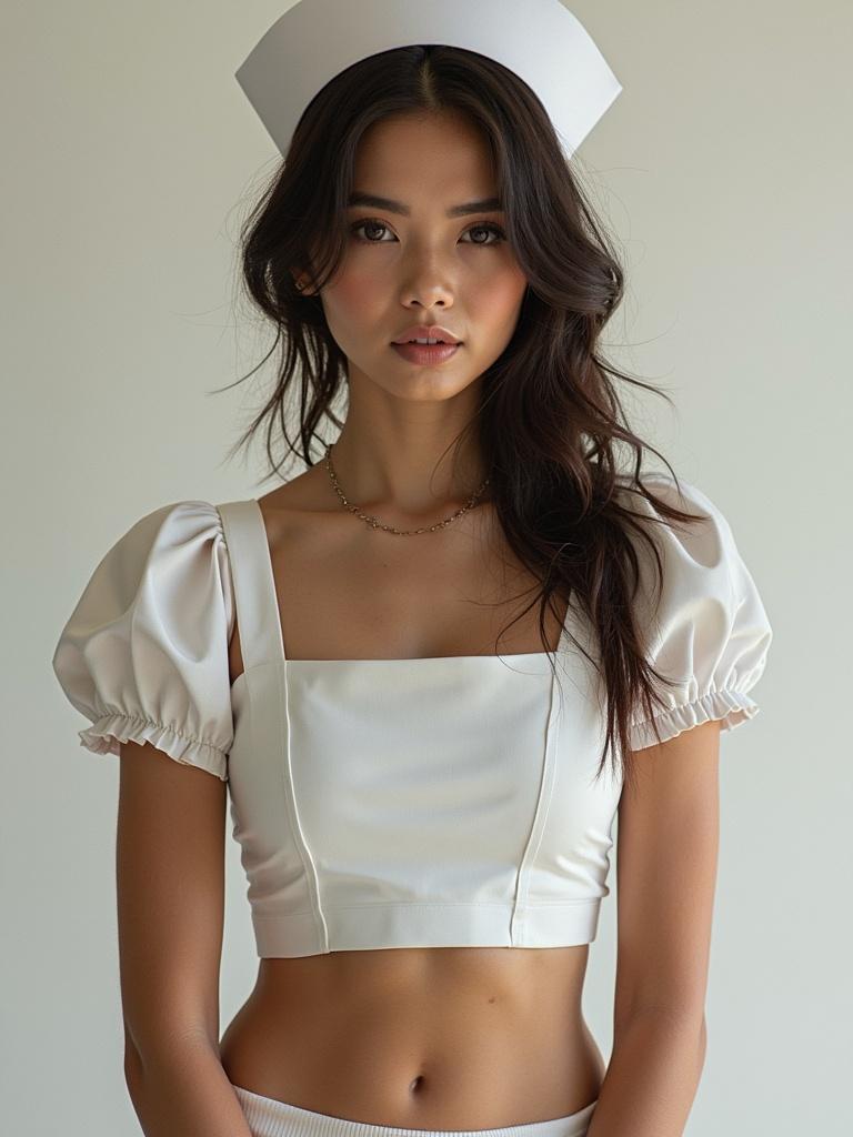Model wearing a white crop top with puff sleeves and a headpiece. Focus on the neckline and stylish presentation.