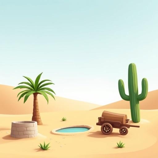 Clear desert scene features tall cactus on right side small cluster of desert shrubs in center lonely palm tree with tiny oasis on left dry wooden cart near foreground simple stone well slightly off side flat expansive sandy ground no overlapping elements
