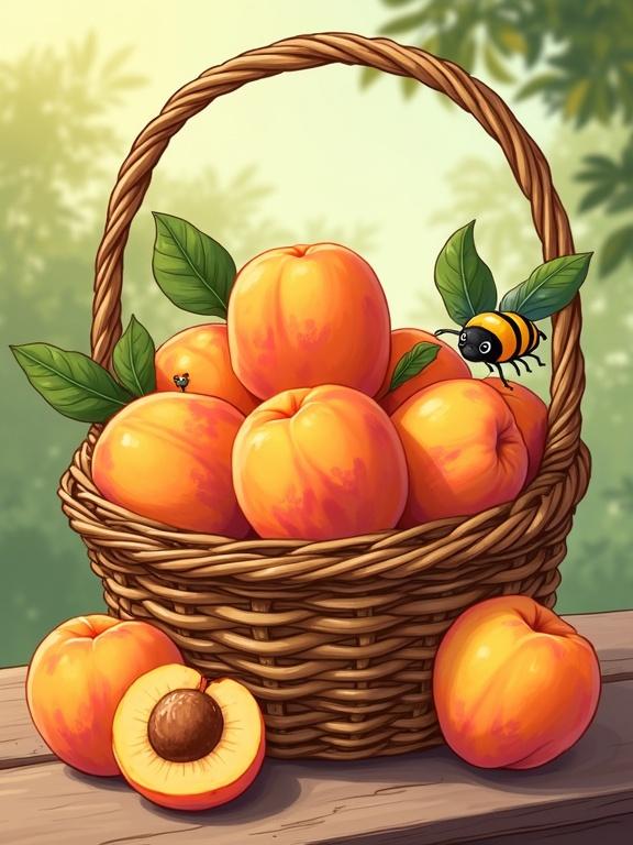 Adorable cartoon-style illustration of a round wicker basket filled with plump apricots. Apricots have velvety orange-yellow skin with rosy blush spots. Some are whole while others are halved to show juicy interior. Crinkled green leaves and tiny twigs are present. Basket shows detailed weaving texture and is slightly tilted. One or two apricots are spilling onto a wooden table. A cheerful bumblebee or ladybug is perched on the basket's edge. Warm golden color palette used with soft shading.