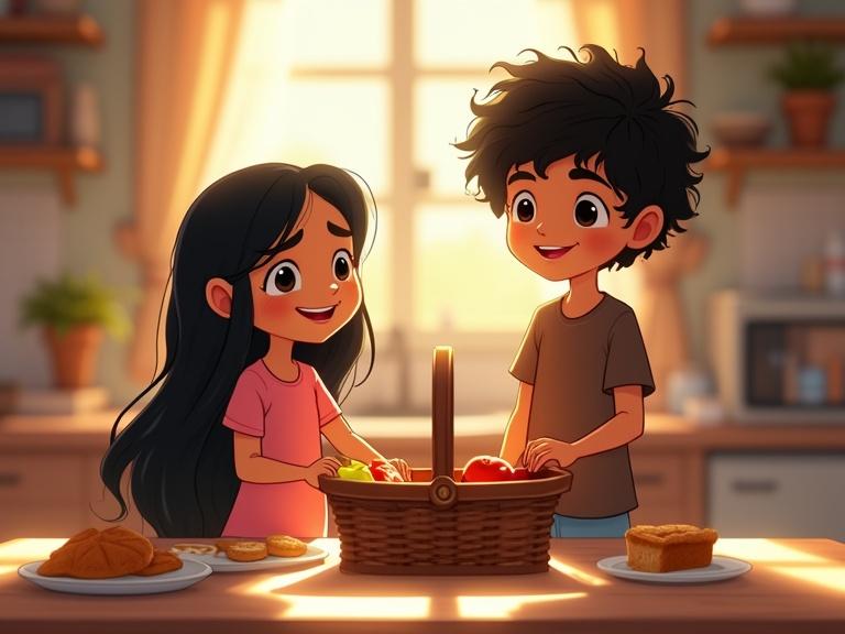 Animated scene of a young girl and a boy in a kitchen preparing a picnic basket. The girl has long black hair and a bright smile. The boy has curly black hair with an adventurous grin. They pack fruits, sandwiches, and cookies. Warm sunlight shines through the window creating a cozy atmosphere.