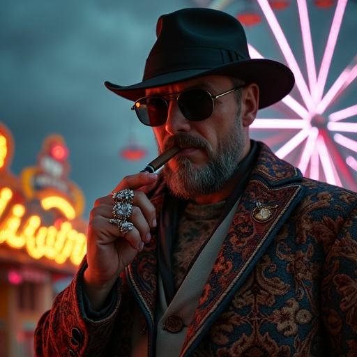 A gangster man holds a cigar and gun, adorned in multiple rings. He wears a Persian carpet-patterned jacket. The scene unfolds at an amusement park nighttime setting. Ten hostages are tied to the top of a Ferris wheel behind him.