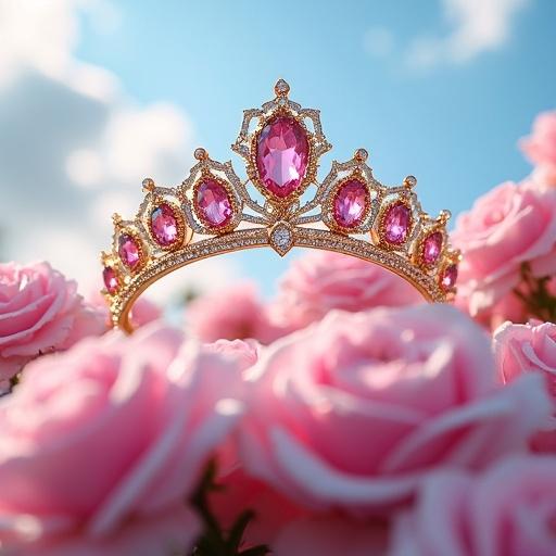 A gold crown adorned with sparkling diamonds and pink sapphires sits amidst a light pink rose bush. Bright sunlight illuminates the scene featuring a blue sky and fluffy white clouds.