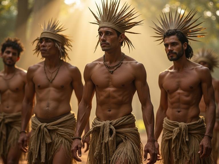 Group of four Mesoamerican male dancers in warrior-style costumes. Each wears raw cotton or jute wrap skirt and handmade fiber belt. Dancers have bare chests with defined muscles and sun-toned skin. Accessories include shoulder straps and light headdresses made from natural materials. The design is ceremonial with an earthy palette. No body paint is used. The scene features warm, atmospheric lighting that evokes sunrise.