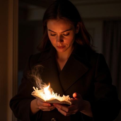 A woman in a dark coat burns a folded letter in a fireplace. Her expression is unreadable. Shadows flicker across her face. The paper curls into ash. The setting is a quiet upscale hotel room in the late evening.