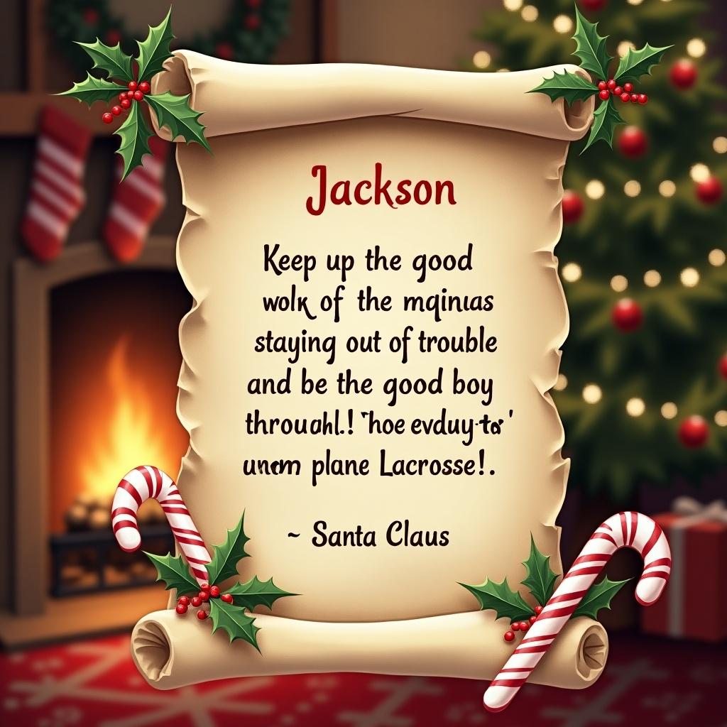 Festive letter from Santa Claus to Jackson. Scroll decorated with holly and candy canes. Cozy fireplace and Christmas tree in the background.