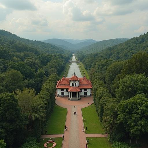 Drone view over Ravelo featuring lush greenery and a grand building in the center.