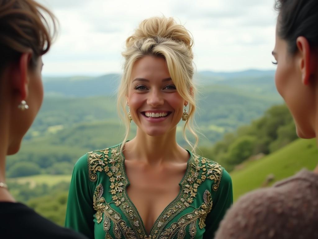 The image features a smiling woman with blonde hair styled up, wearing a green embellished top with intricate details and sparkles. She has a light skin tone and is framed by two individuals on either side. The background shows a scenic view with rolling green hills and a cloudy sky. Natural light illuminates the scene, giving it a warm and cheerful ambiance.