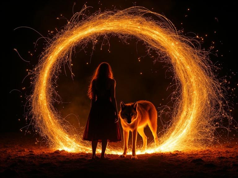 An obscured silhouette of a woman stands beside a majestic wolf in a fiery sparks vortex against a black background. Dramatic elements create a sense of beauty and transformation. The scene suggests a powerful bond between the two figures at the heart of elemental energy.