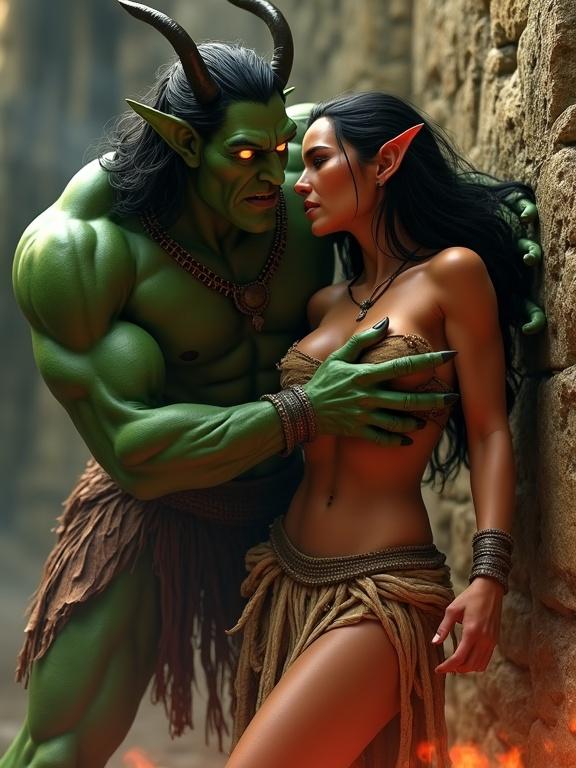 Pixar-style illustration featuring a terrifying green demon pinning a beautiful tribal woman against a stone wall. The demon's clawed hand grips her chest, her back is arched, and her face shows pain and fear. His face is close to hers, with glowing eyes. Smoke and fire swirl around them, creating an atmosphere of raw energy and intense physical contact.