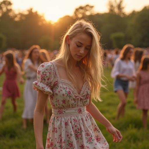 A video of a stylish and cute Swedish teen dancing during a traditional midsummer festivity. The setting is a vibrant festival with many attendees.