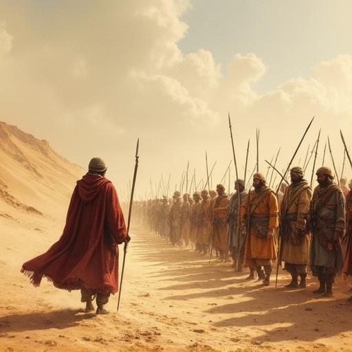 Drawing depicting a war in the desert with Arab soldiers in traditional gear facing Persian soldiers in their attire. The scene shows soldiers with swords, spears, and shields. The artwork captures an epic, realistic battle atmosphere with dust present in a wide shot.