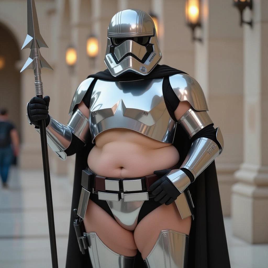 Character from fantasy universe wearing shiny armor and cape. Standing confidently with spear in hand. Pose conveys strength. Soft indoor lighting enhances armor shine. Focusing on armor details and character's physique.