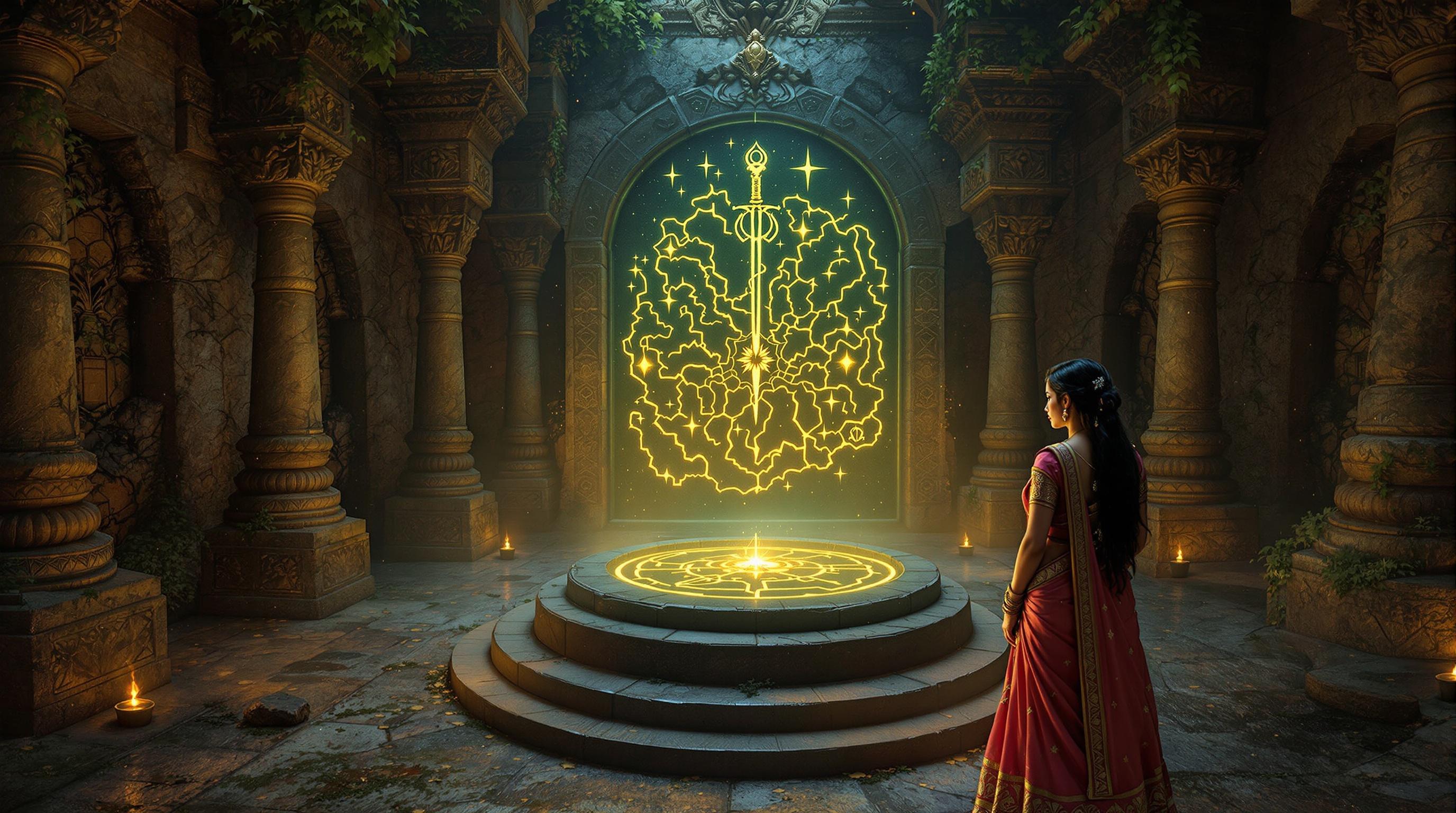 Ultra HD image of a glowing map in an ancient temple. King Rudrasen in golden armor leans over the map. Queen Mriganjali in a pink saree stands beside him. Chamber illuminated by a soft glow from the map and torches. Walls featuring ancient carvings with a mystical atmosphere.