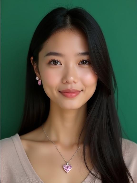 A beautiful woman with long black hair is facing the camera with a calm expression. She wears pink zirconia earrings and a matching necklace. The background is a solid green. Soft natural lighting highlights her features.