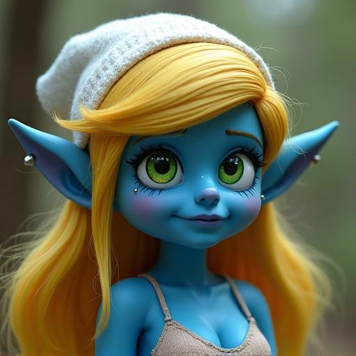 A female smurf with blond hair and green eyes. Exaggerated proportions with realistic features. Iron piercings on the ears. Soft expression.