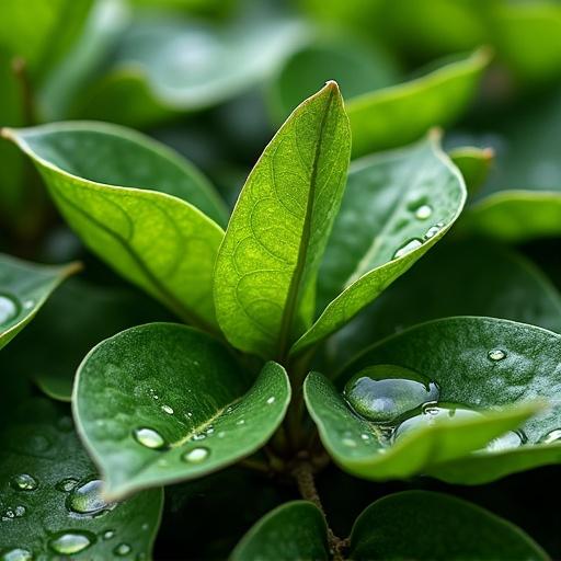 Close-up of fresh tea leaves with water drops on their surface. Green leaves create a lush appearance. Natural light highlights their texture and color.
