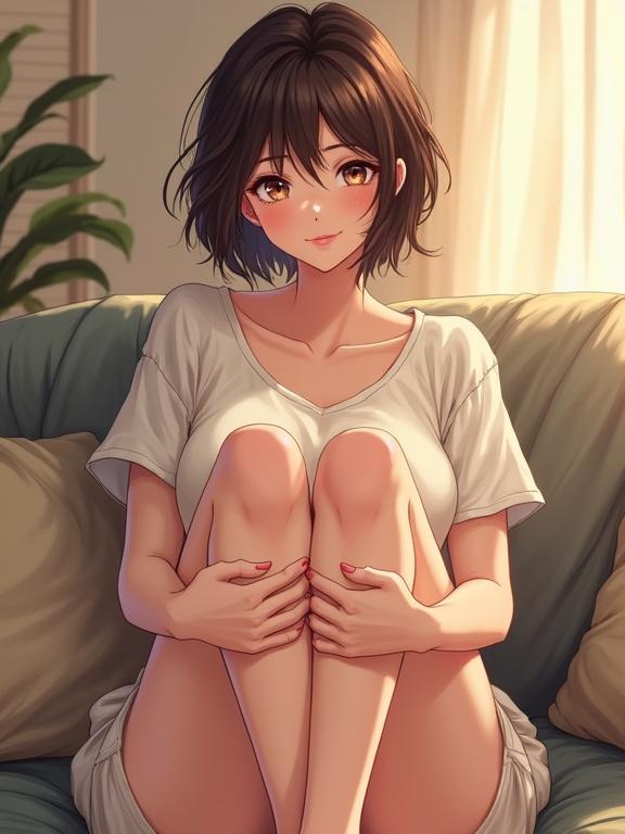 Illustration of a woman with short brunette hair sitting casually in a living room. She has a warm smile and closed lips. The setting is intimate and cozy. Her legs are crossed, and she appears relaxed in a casual outfit. The lighting is soft and inviting.