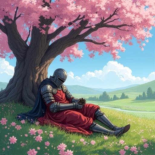 Medieval knight sleeping in a flower-filled grassland. Anime style inspired by Vinland Saga. Beside a cherry blossom tree.