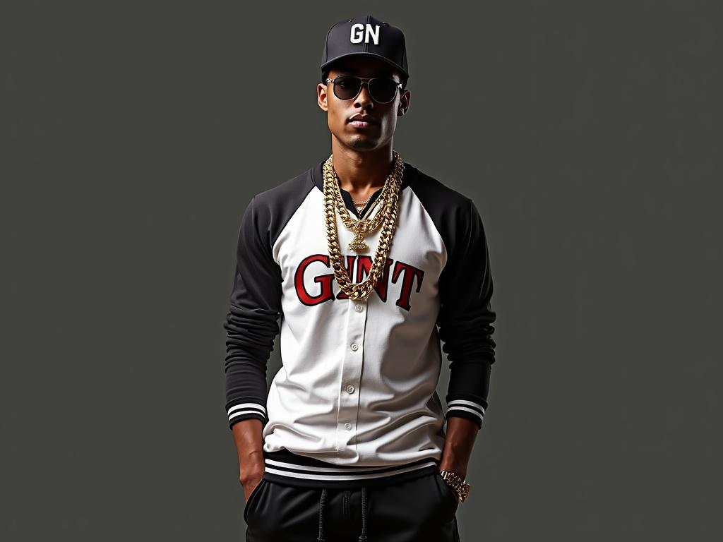 Image depicts a person in gangster attire. Person wears G UNIT baseball cap. Outfit includes baseball shirt and gold chains. Tracky bottoms complete the look. Subject stands confidently.
