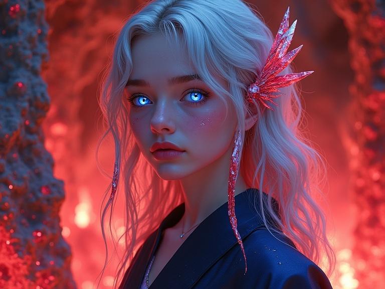 Surreal art featuring a close portrait of a young female with iridescent glowing blue eyes, long wavy silver hair with red stripes, and pale skin. Patches of red crystals extend outward like blades. She wears a navy granite kimono in a cave filled with glowing red crystals and white particles.