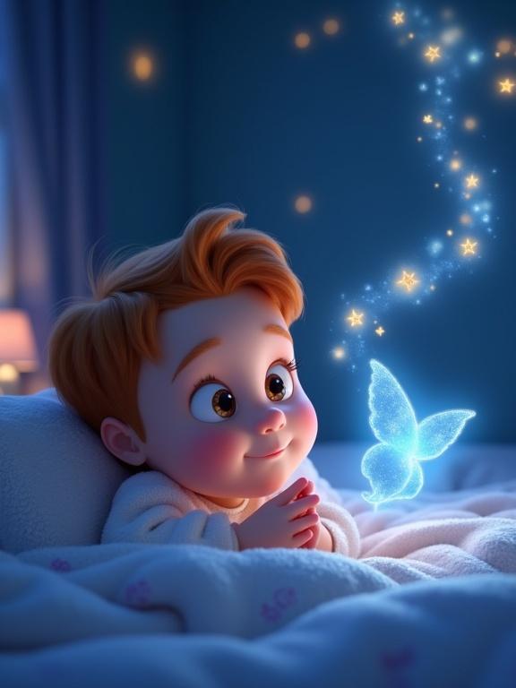 3D animation in Disney Pixar style. A child's bedroom with soft lighting. A 5-year-old boy with a baby face, light skin, large honey-colored eyes, and curly light brown hair. Wearing a soft blue pajama with stars. Kneeling in prayer with hands together.