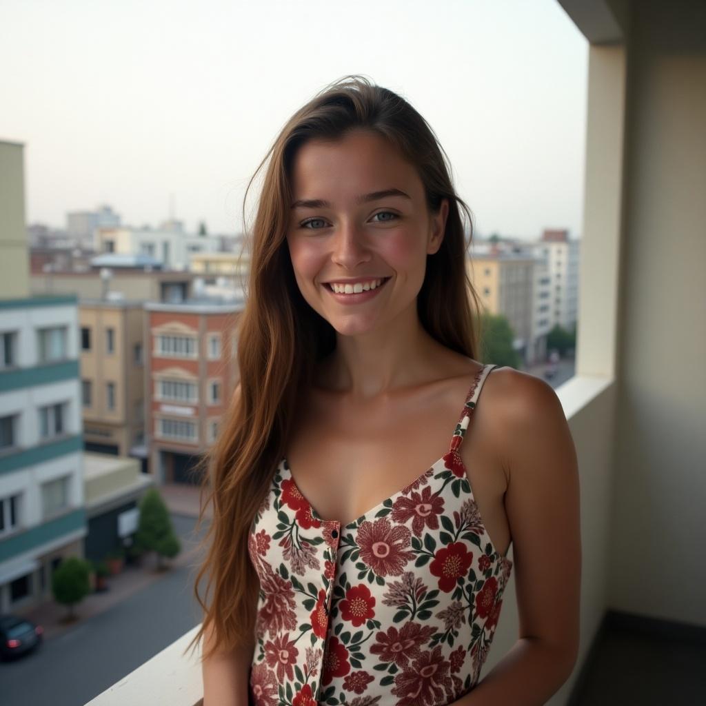 A young woman with long hair stands on an urban balcony. She wears a floral-patterned outfit and smiles at the camera.