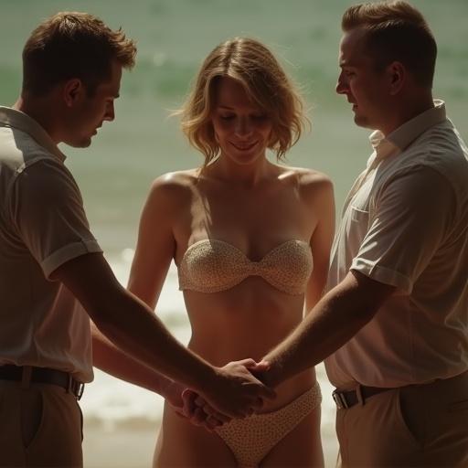 Scene on the beach with a woman and two men holding hands. Shaded environment. Aesthetic presented in a cinematic style.