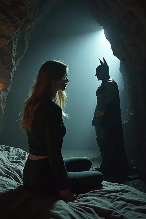 Dark blonde woman sits on bed staring at Batman. Batman stands at cave entrance looking back. Tension builds as they realize romantic feelings.