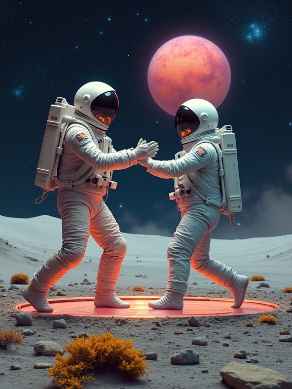Two astronauts in white suits engage in a dance on a glowing circular platform above a planetary ring. A pink planet looms in the background surrounded by a starry sky. Small asteroids with golden lichen dot the landscape. The astronauts' suits show reflections of fire and frost, indicating contrasting temperatures.