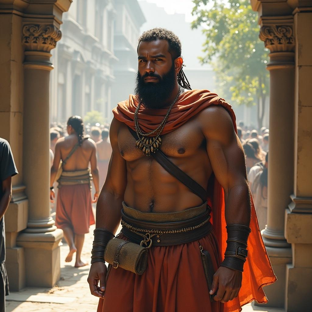 A muscular warrior walks through a crowd in ancient attire. The scene has classical architecture in the background. The warrior wears decorative accessories and a confident expression. Others surround him, giving an atmosphere of a vibrant historical setting.