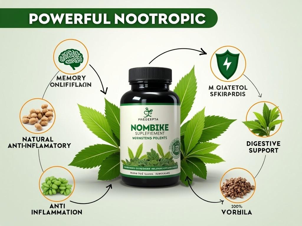 The image showcases a bottle of a powerful nootropic supplement named 'Nombike'. The bottle is prominently placed against a green background, symbolizing health and vitality. Surrounding the bottle are icons illustrating the supplement's benefits, such as memory enhancement, anti-inflammation, and digestive support. The overall design is clean and modern, appealing to health-conscious consumers. The product is positioned as a natural solution for cognitive support and wellness.