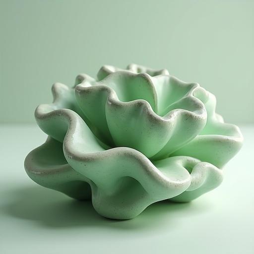 3D object with smooth wavy fractal design. It is a matte light green color with speckles. Soft light illuminates it. Positioned on the floor.