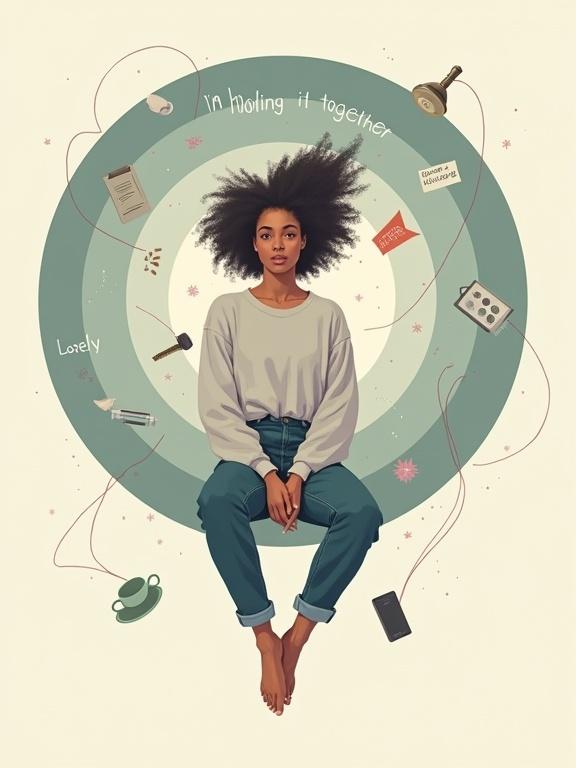 Realistic surreal vector-style illustration of a floating young woman in casual jeans and loose sweater. She sits in mid-air with a calm face but tense eyes. Behind her are swirling circular graphics in muted cool tones. Floating objects connected by red strings. Typography reads 'I’m holding it together. Loosely.'